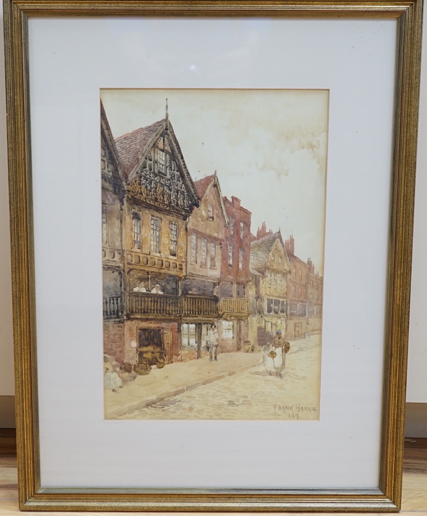 Frank Harris (19th. C) watercolour, street scene, possibly Chester, signed, 38cm x 25cm